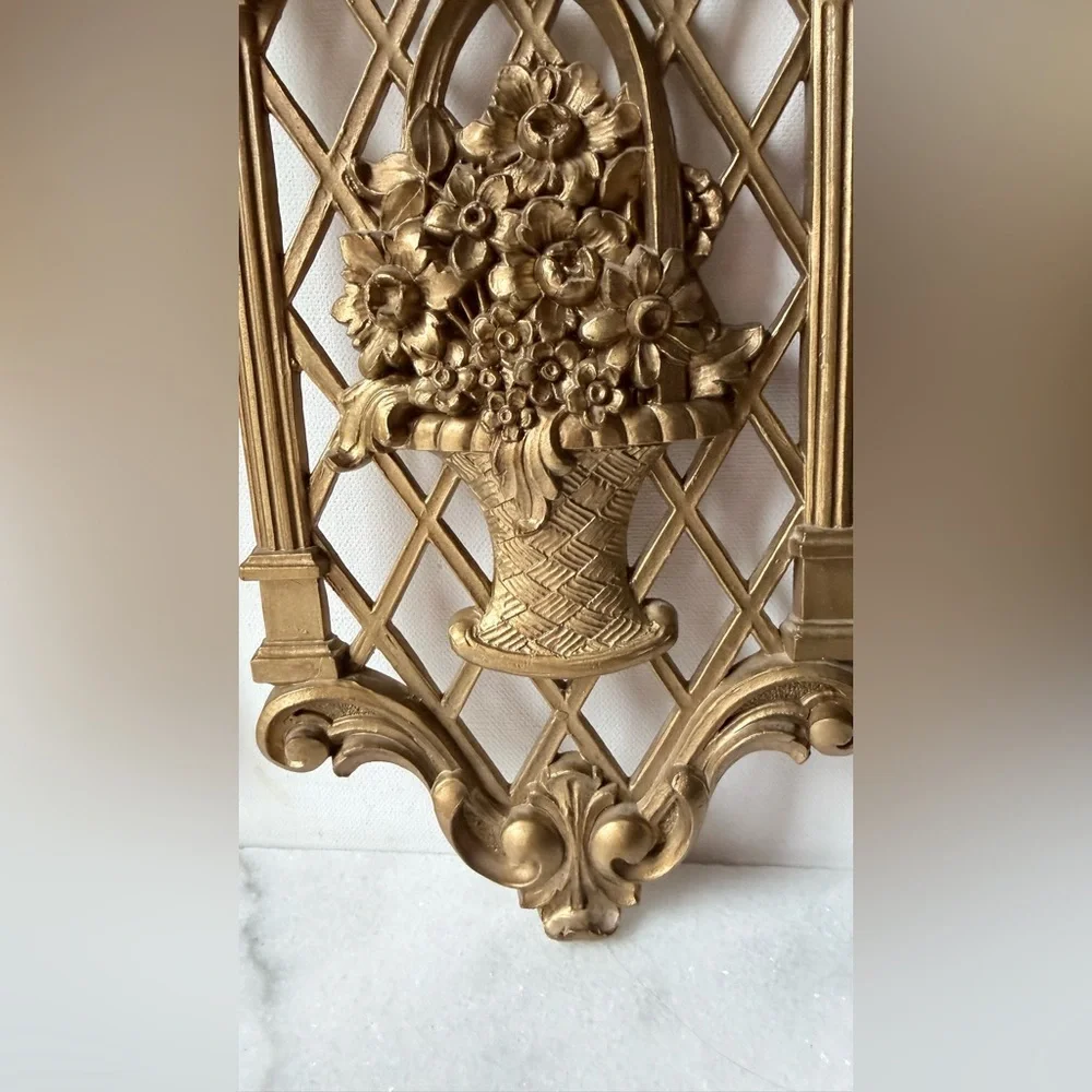 Elegant Gold Wall Decor Set vintage 1971 gold lattice wall plaques